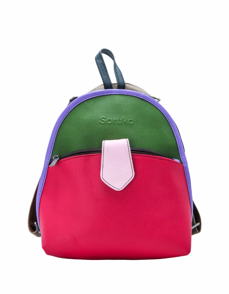 Women’s recycled leather convertible backpack and crossbody bag in Pink and Green tones