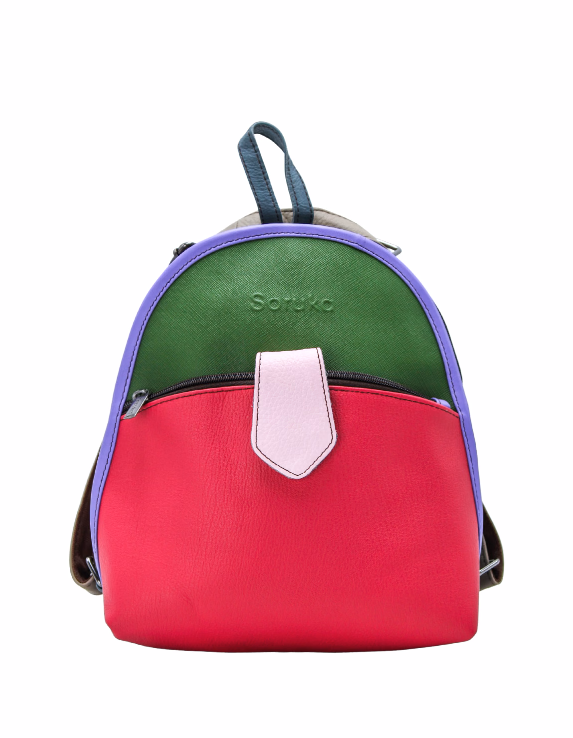 Women’s recycled leather convertible backpack and crossbody bag in Pink and Green tones