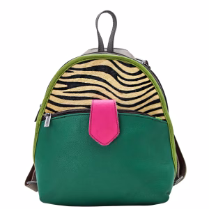 Women’s recycled leather convertible backpack and crossbody bag in Green and Pink tones