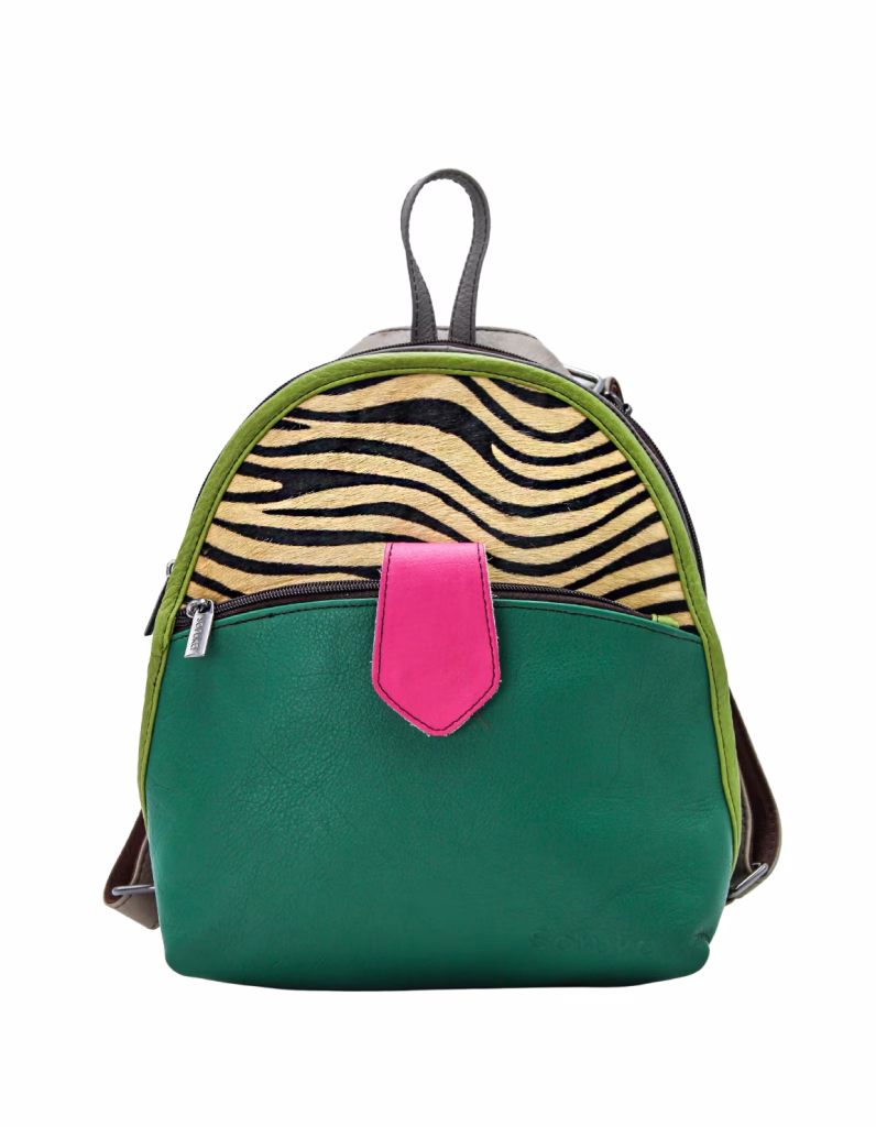 Women’s recycled leather convertible backpack and crossbody bag in Green and Pink tones
