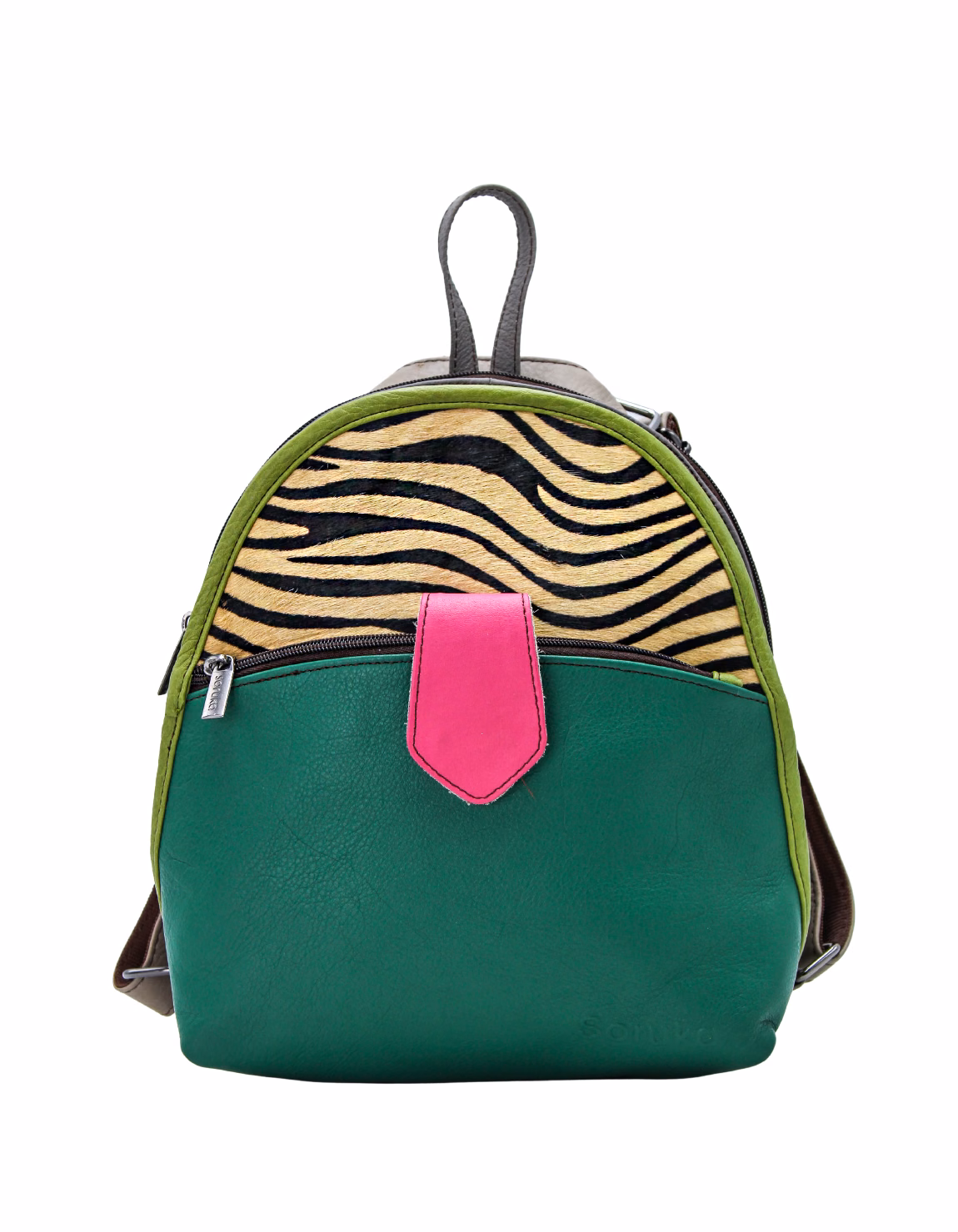Women’s recycled leather convertible backpack and crossbody bag in Green and Pink tones