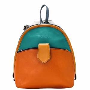Women’s recycled leather convertible backpack and crossbody bag in Orange and Green tones