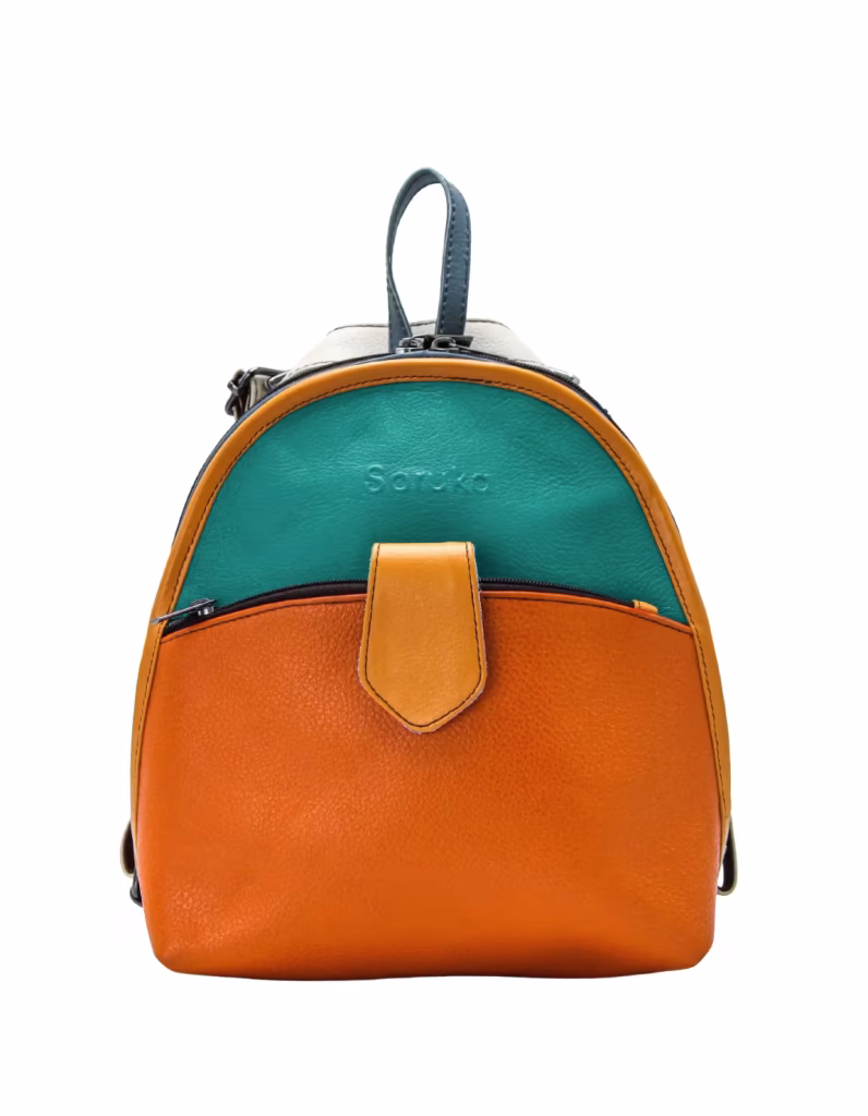 Women’s recycled leather convertible backpack and crossbody bag in Orange and Green tones