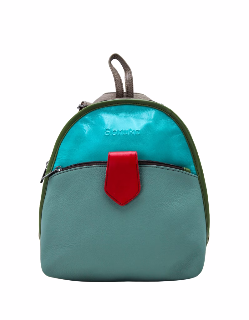 Women’s recycled leather convertible backpack and crossbody bag in Blue and Red tones