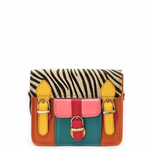 Women’s recycled leather messenger bag in Orange and Yellow tones with adjustable leather shoulder strap
