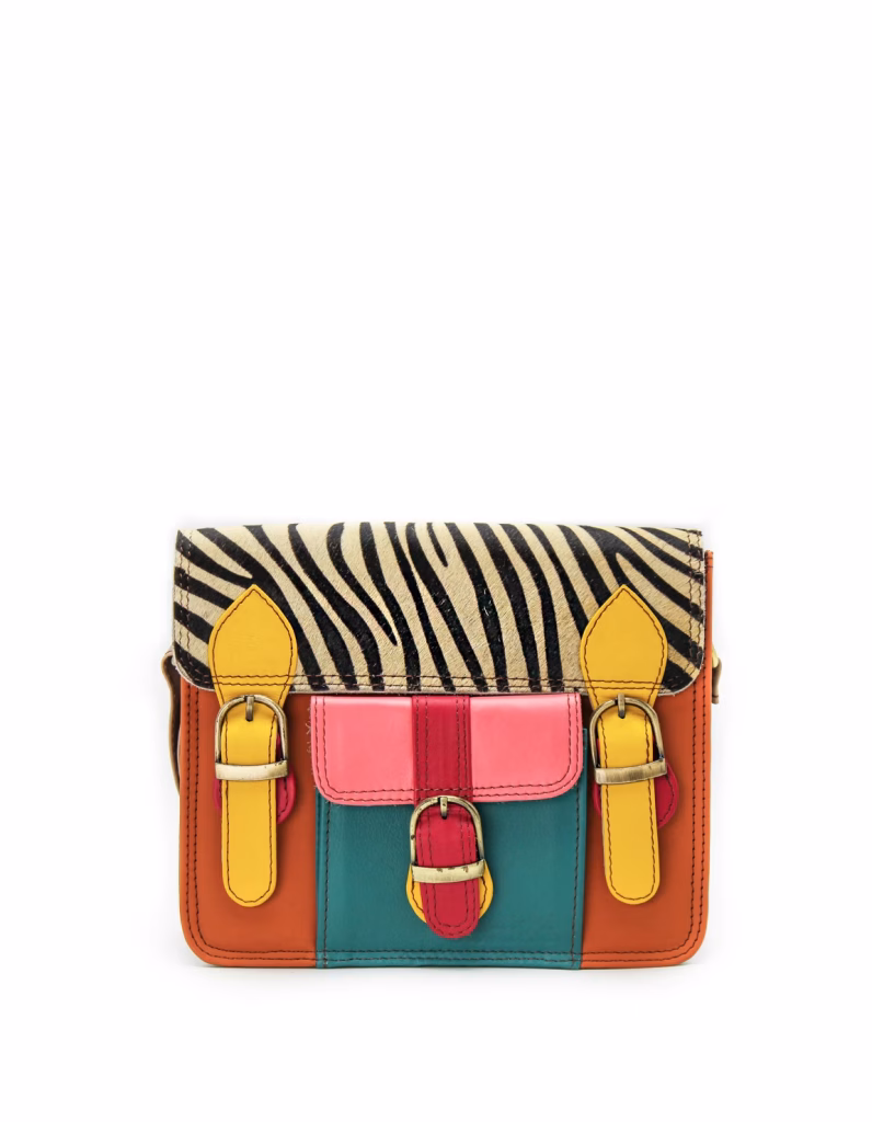 Women’s recycled leather messenger bag in Orange and Yellow tones with adjustable leather shoulder strap
