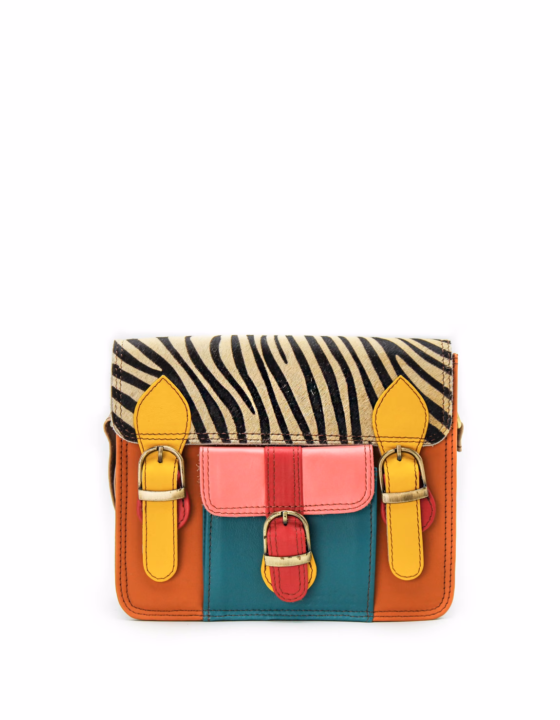 Women’s recycled leather messenger bag in Orange and Yellow tones with adjustable leather shoulder strap