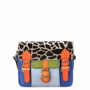 Women’s recycled leather messenger bag in Blue and Orange tones with adjustable leather shoulder strap
