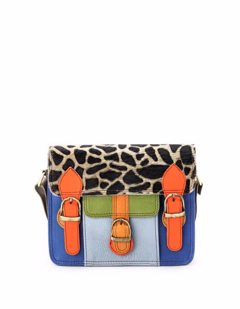 Women’s recycled leather messenger bag in Blue and Orange tones with adjustable leather shoulder strap