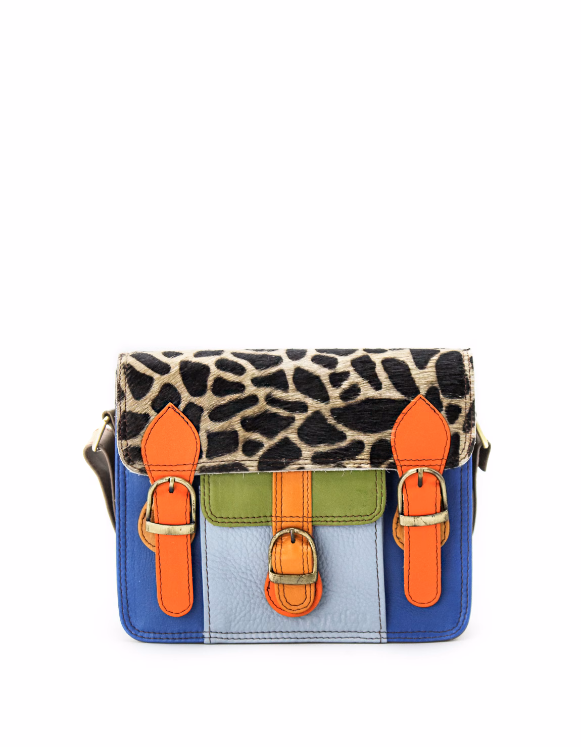 Women’s recycled leather messenger bag in Blue and Orange tones with adjustable leather shoulder strap