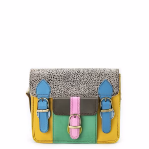 Women’s recycled leather messenger bag in Yellow and Green tones with adjustable leather shoulder strap