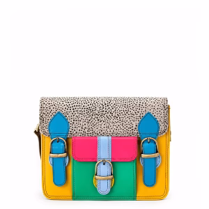 Women’s recycled leather messenger bag in Yellow and Blue tones with adjustable leather shoulder strap