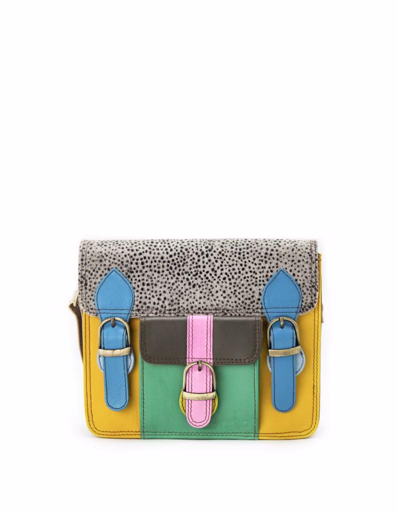 Women’s recycled leather messenger bag in Yellow and Green tones with adjustable leather shoulder strap