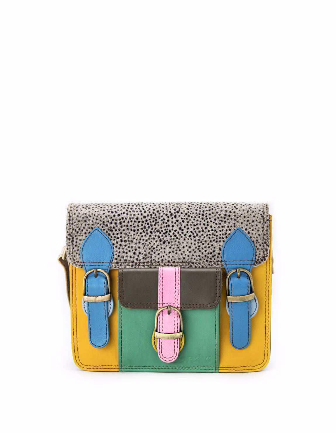Women’s recycled leather messenger bag in Yellow and Green tones with adjustable leather shoulder strap
