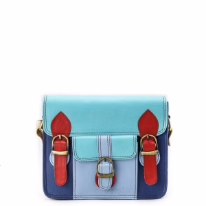Women’s recycled leather messenger bag in Blue and Red tones with adjustable leather shoulder strap