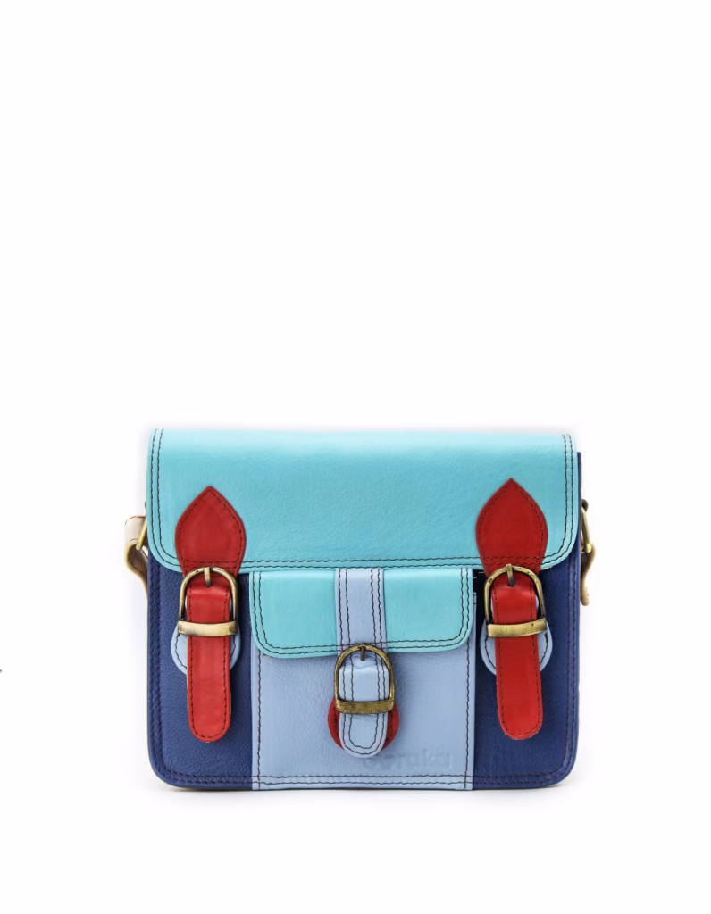 Women’s recycled leather messenger bag in Blue and Red tones with adjustable leather shoulder strap