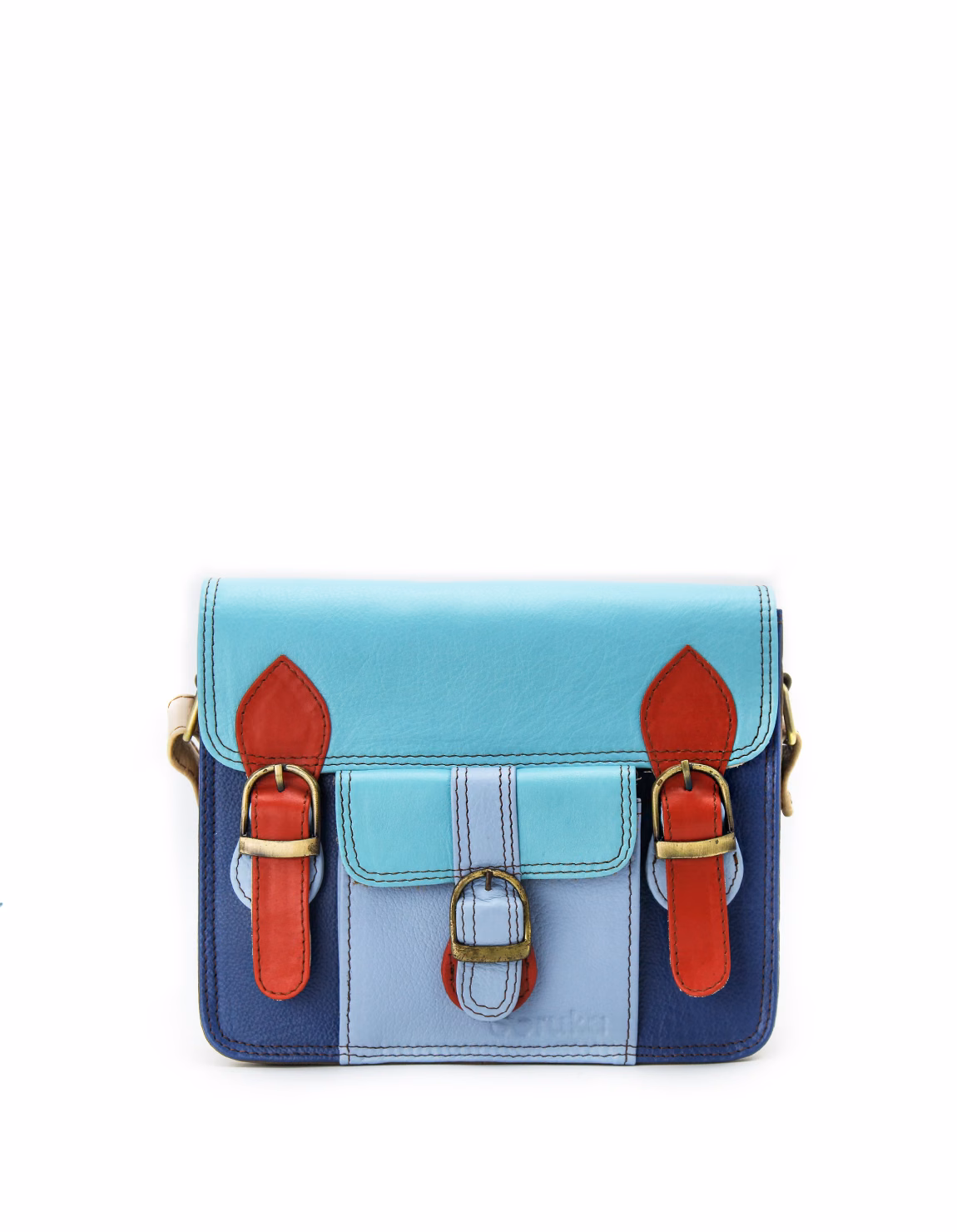 Women’s recycled leather messenger bag in Blue and Red tones with adjustable leather shoulder strap