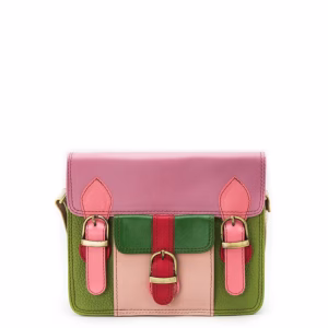 Women’s recycled leather messenger bag in Pink and Green tones with adjustable leather shoulder strap
