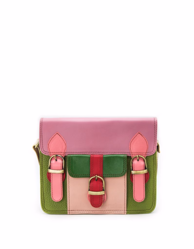 Women’s recycled leather messenger bag in Pink and Green tones with adjustable leather shoulder strap