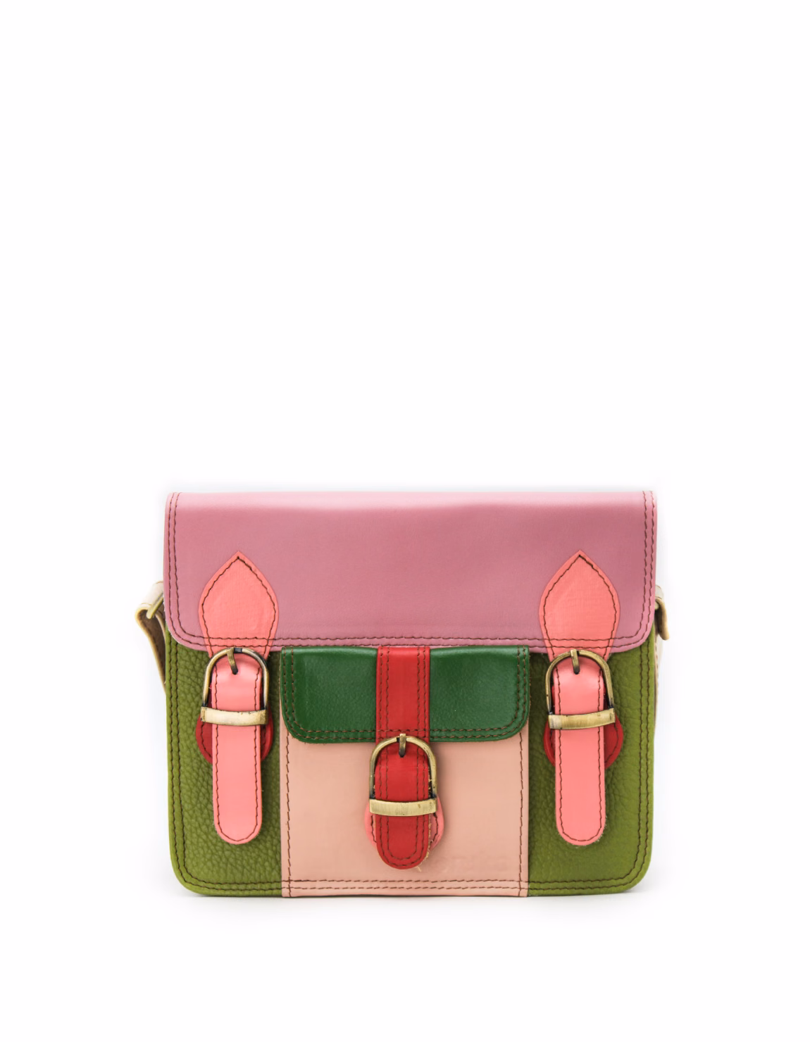 Women’s recycled leather messenger bag in Pink and Green tones with adjustable leather shoulder strap