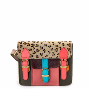 Women’s recycled leather messenger bag in Pink and Green tones with adjustable leather shoulder strap