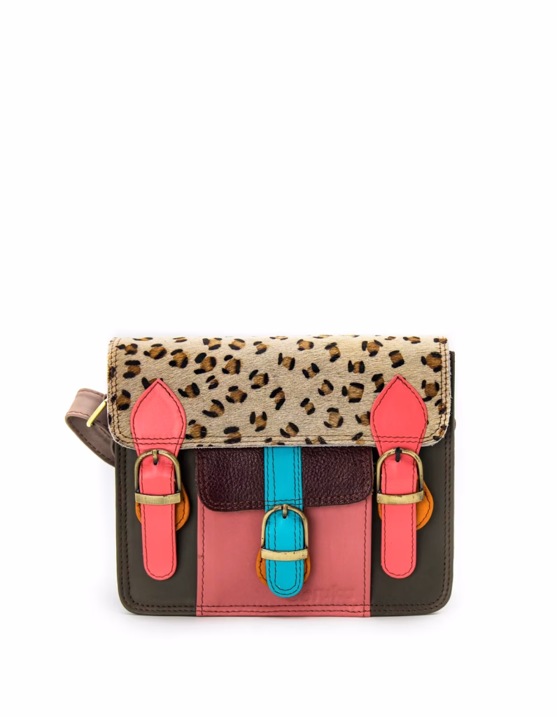 Women’s recycled leather messenger bag in Pink and Green tones with adjustable leather shoulder strap