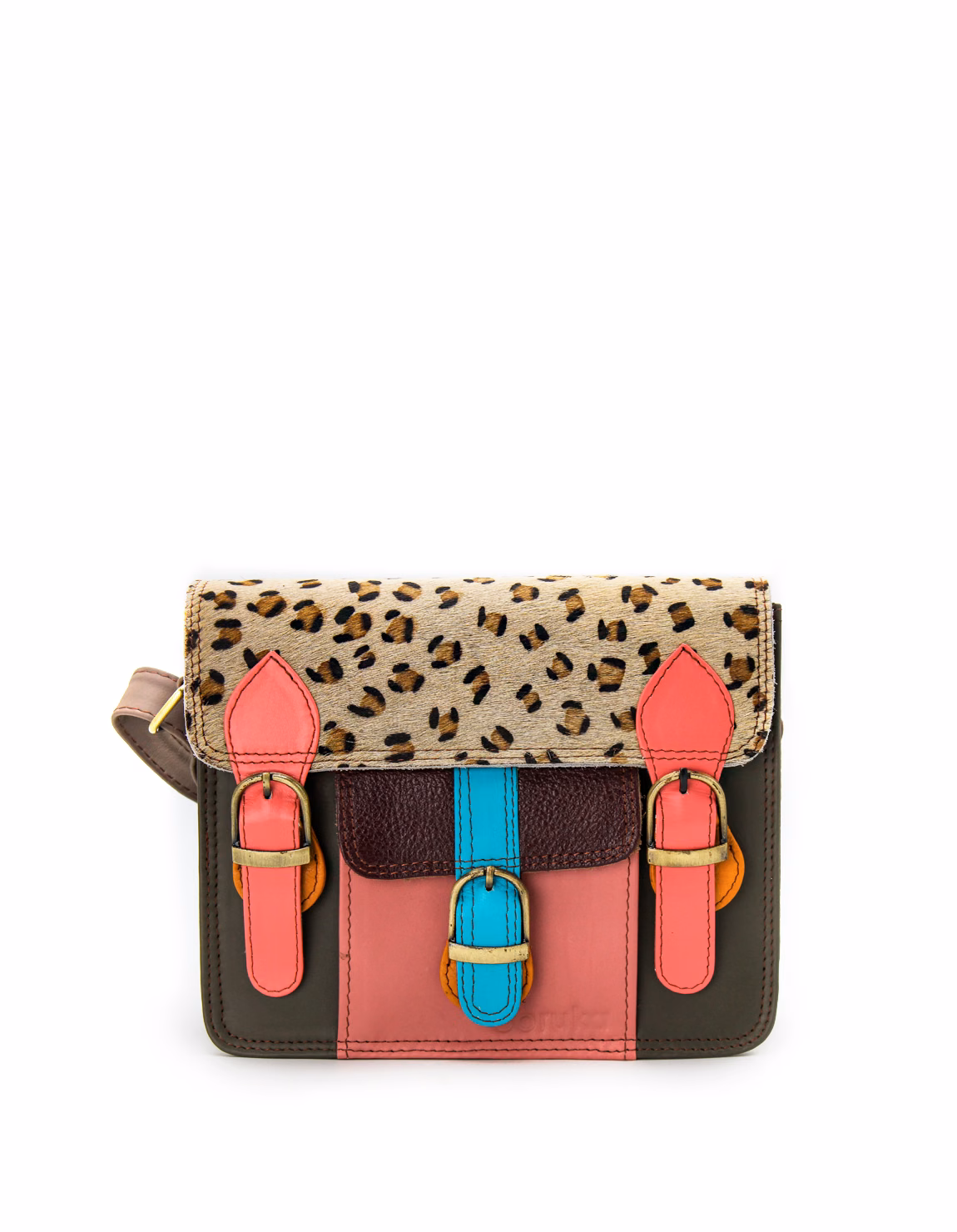 Women’s recycled leather messenger bag in Pink and Green tones with adjustable leather shoulder strap