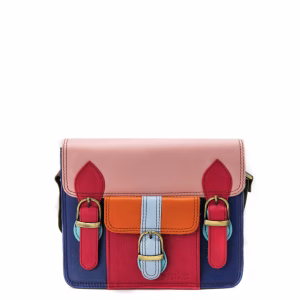 Women’s recycled leather messenger bag in Pink and Blue tones with adjustable leather shoulder strap