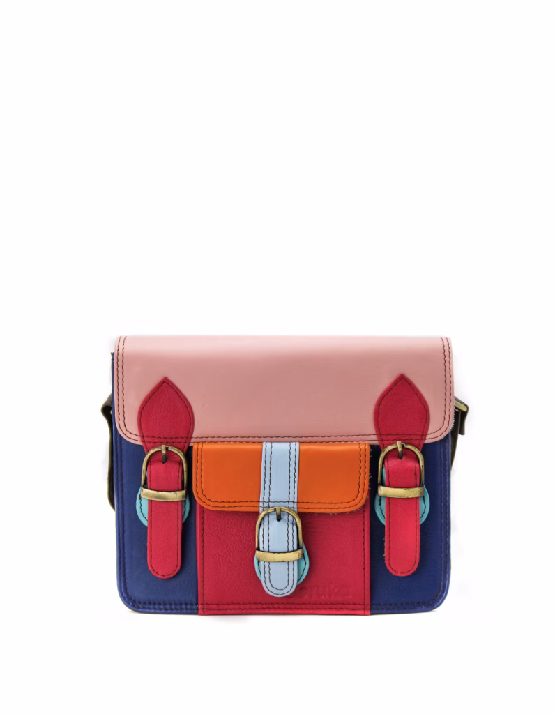 Women’s recycled leather messenger bag in Pink and Blue tones with adjustable leather shoulder strap