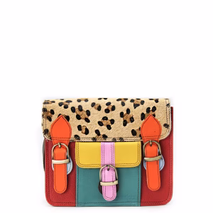 Women’s recycled leather messenger bag in Red and Blue tones with adjustable leather shoulder strap