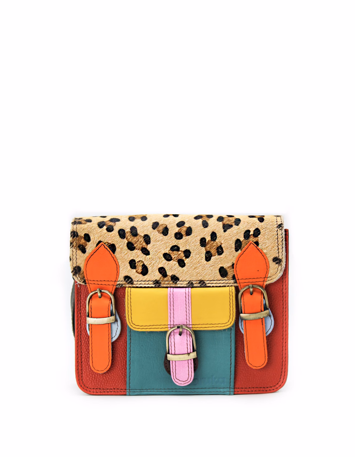 Women’s recycled leather messenger bag in Red and Blue tones with adjustable leather shoulder strap