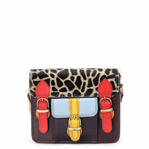 Women’s recycled leather messenger bag in dark purple and Red tones with adjustable leather shoulder strap