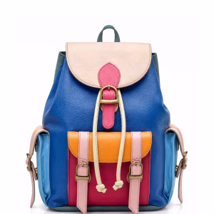 Women’s recycled leather backpack in Blue tones with animal print flap and adjustable leather straps