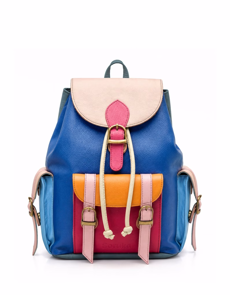 Women’s recycled leather backpack in Blue tones with animal print flap and adjustable leather straps