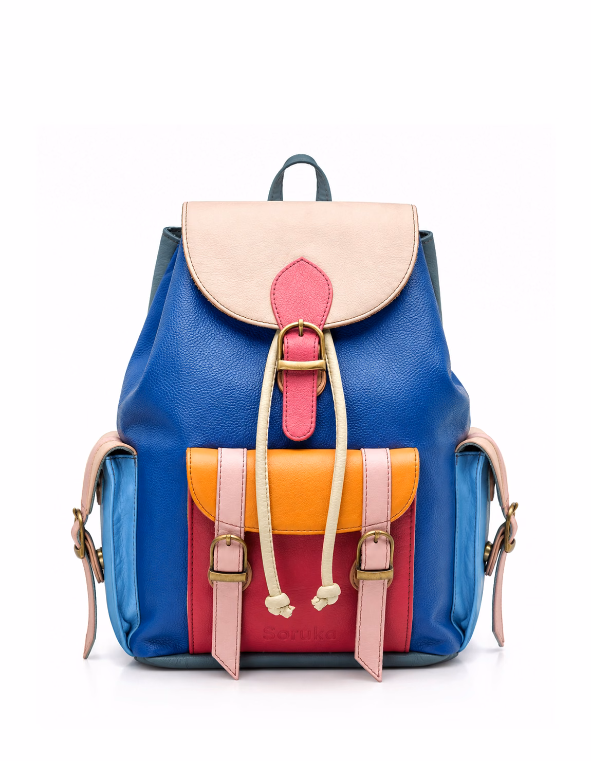 Women’s recycled leather backpack in Blue tones with animal print flap and adjustable leather straps