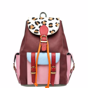 Women’s recycled leather backpack in xxxxx tones with animal print flap and adjustable leather straps