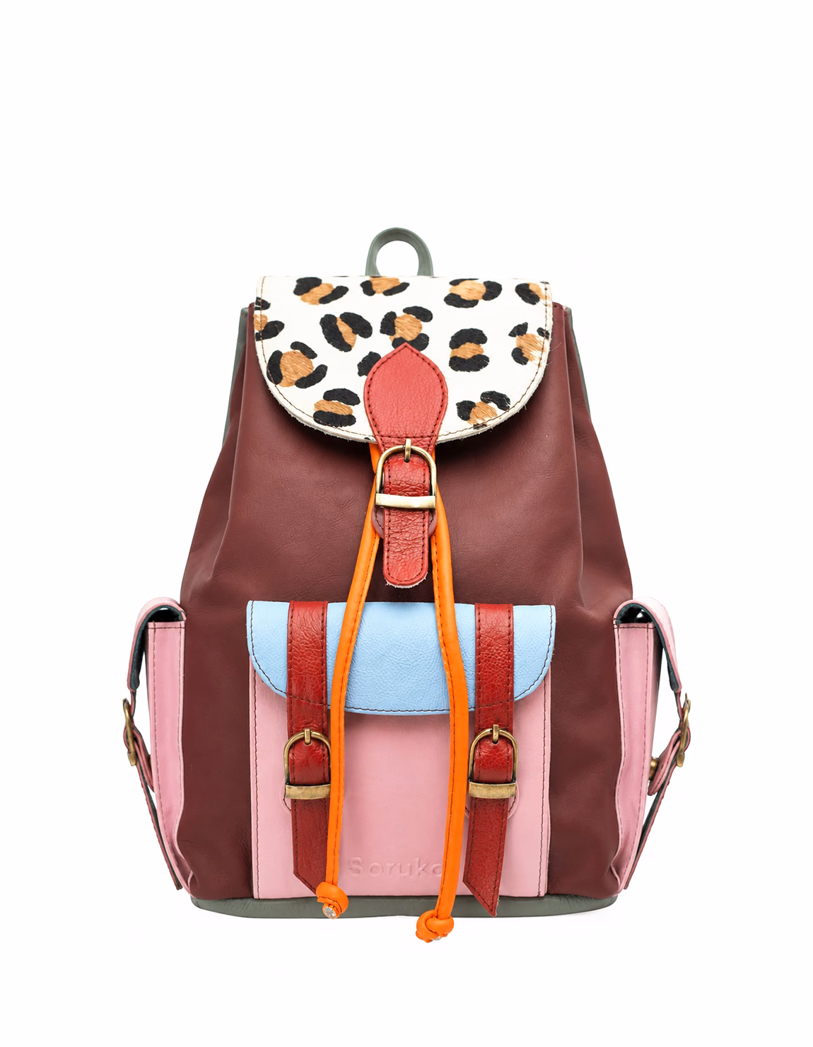 Women’s recycled leather backpack in xxxxx tones with animal print flap and adjustable leather straps