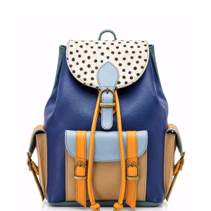 Women’s recycled leather backpack in Blue tones with animal print flap and adjustable leather straps