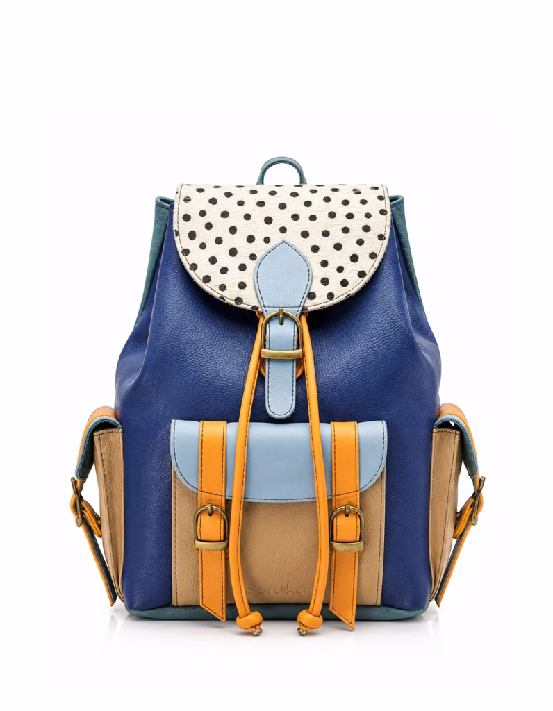 Women’s recycled leather backpack in Blue tones with animal print flap and adjustable leather straps