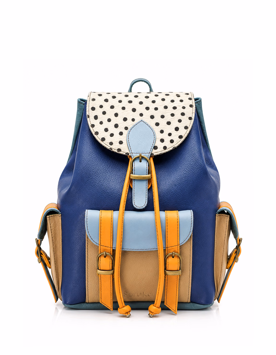 Women’s recycled leather backpack in Blue tones with animal print flap and adjustable leather straps