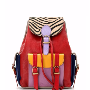 Women’s recycled leather backpack in Red tones with animal print flap and adjustable leather straps