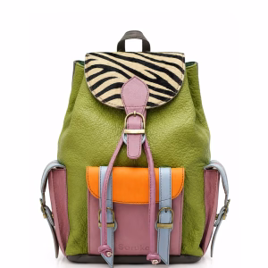 Women’s recycled leather backpack in Green tones with animal print flap and adjustable leather straps
