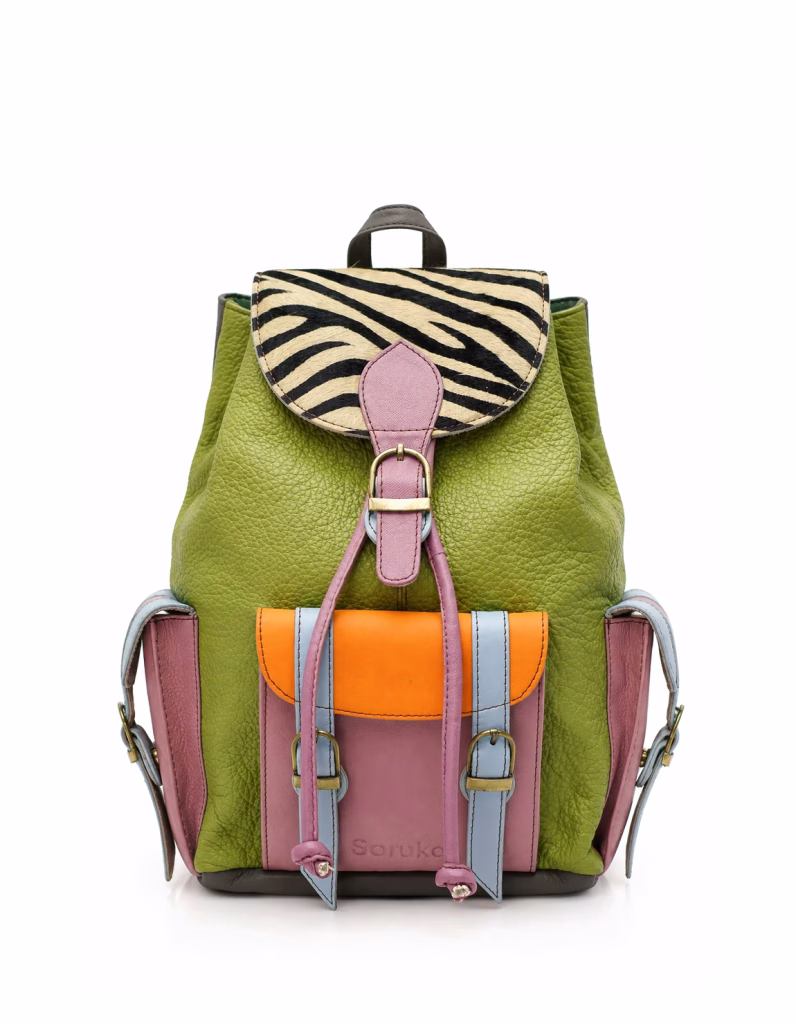 Women’s recycled leather backpack in Green tones with animal print flap and adjustable leather straps