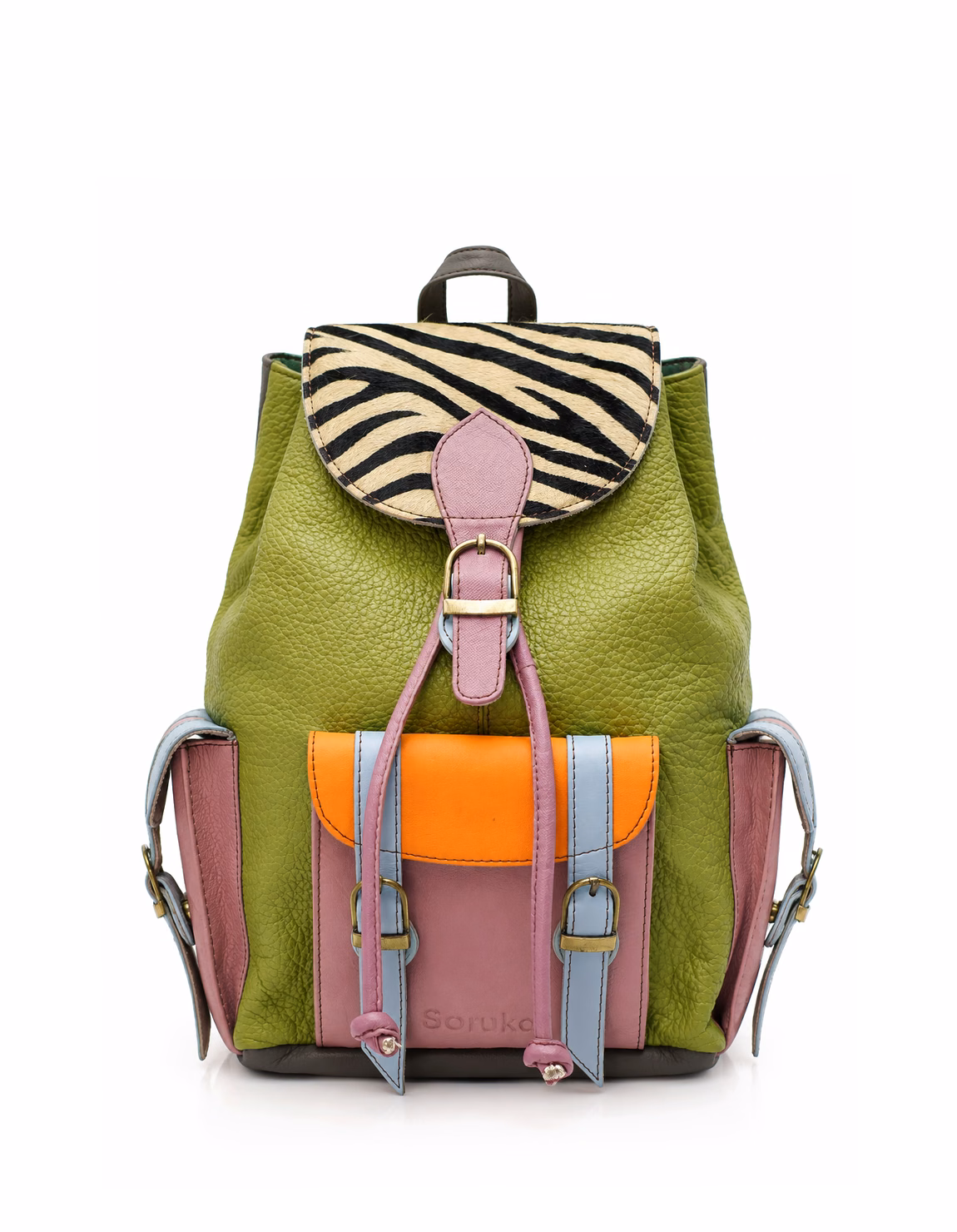 Women’s recycled leather backpack in Green tones with animal print flap and adjustable leather straps