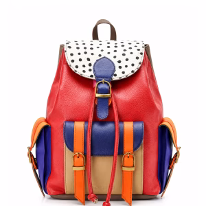 Women’s recycled leather backpack in Red tones with animal print flap and adjustable leather straps