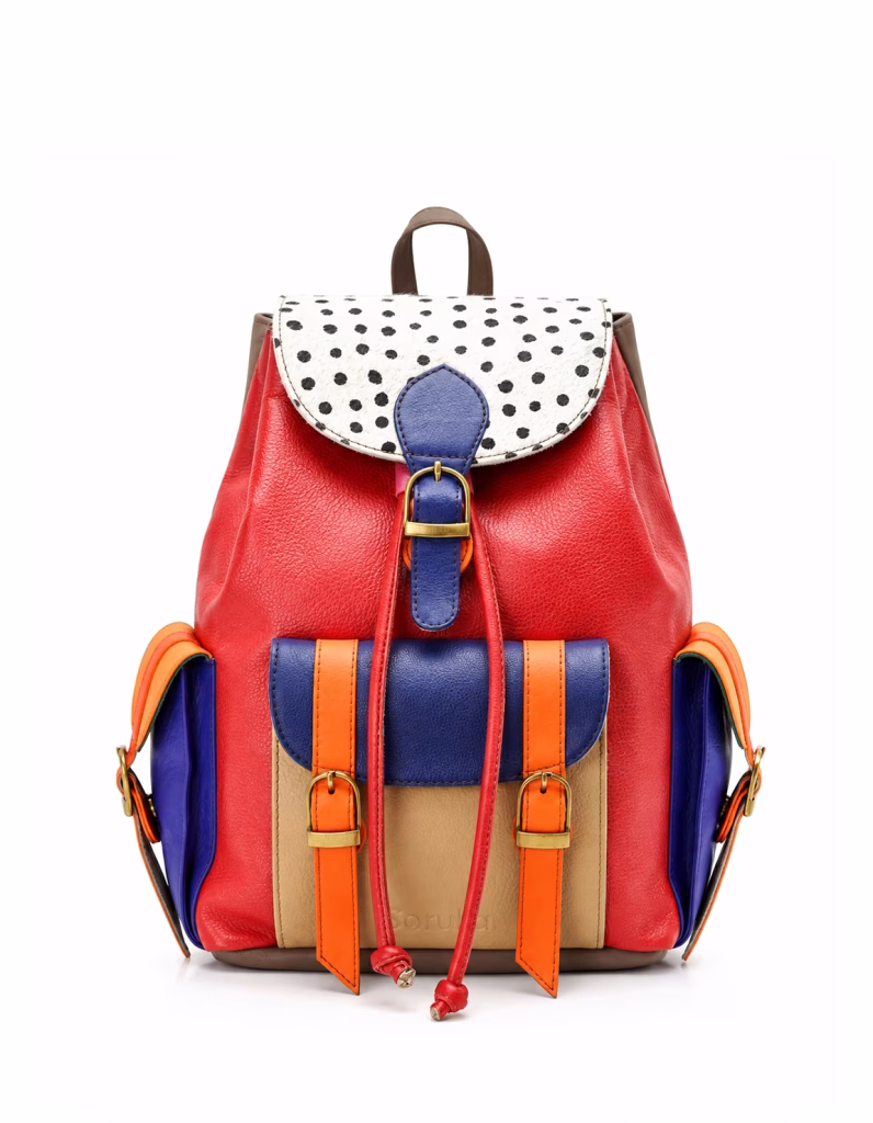 Women’s recycled leather backpack in Red tones with animal print flap and adjustable leather straps