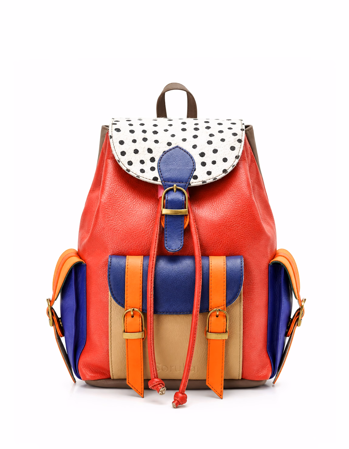 Women’s recycled leather backpack in Red tones with animal print flap and adjustable leather straps