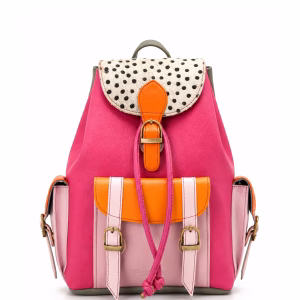 Women’s recycled leather backpack in Pink tones with animal print flap and adjustable leather straps