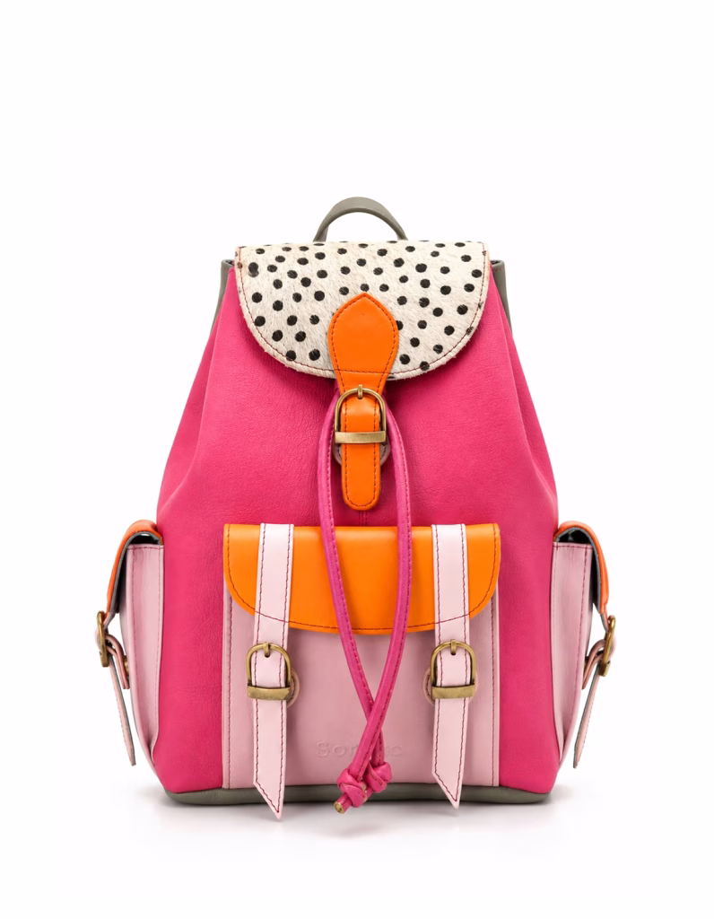 Women’s recycled leather backpack in Pink tones with animal print flap and adjustable leather straps