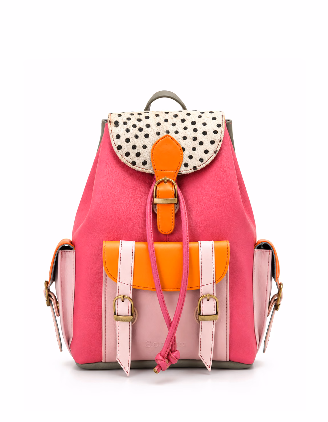 Women’s recycled leather backpack in Pink tones with animal print flap and adjustable leather straps
